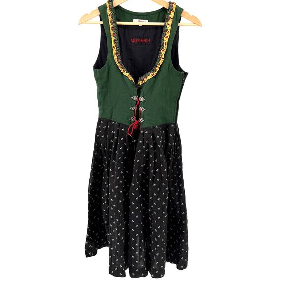 Vintage Dresses & Skirts - Vintage 80s Hiebaum Green Black Cotton Folk Cottagecore Ruffle Dirndl Dress